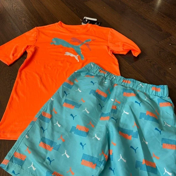 Puma Vibrant Orange Rash Guard and Aqua Swim Trunks - Picture 2 of 7